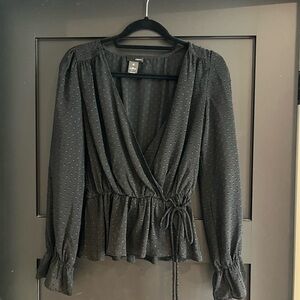 Aqua Black Puff Sleeve Wrap Blouse